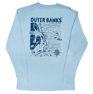 REAL Outer Banks Map L/S Tee-Light Blue